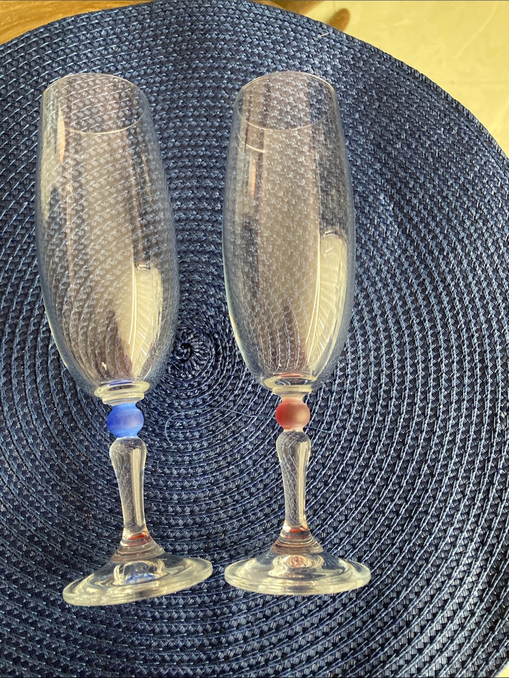 Pair of Clear Champagne Flutes with Colored Stem Accents